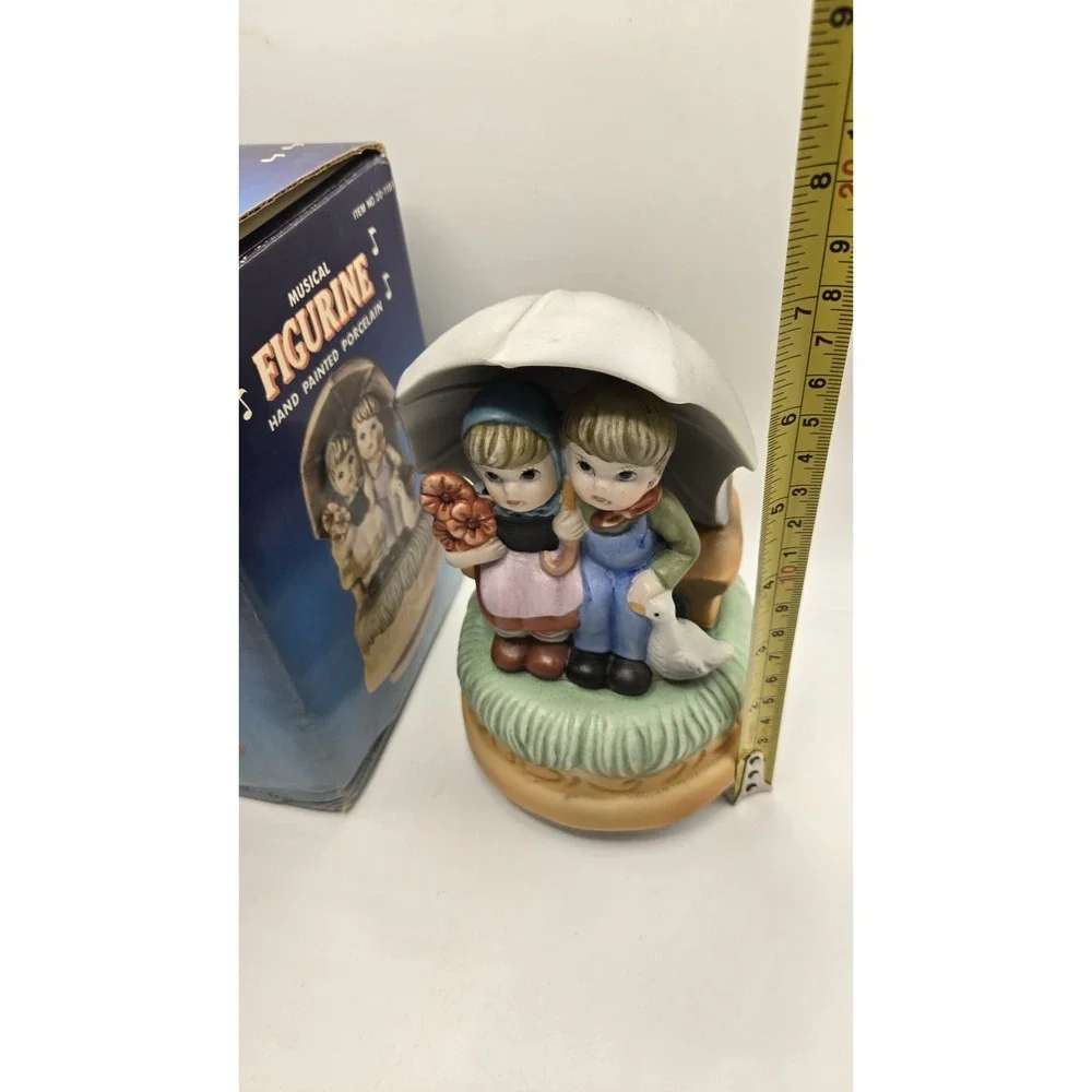 Vintage Himark Musical Figurine Umbrella Bench Boy Girl Goose Porcelain Taiwan